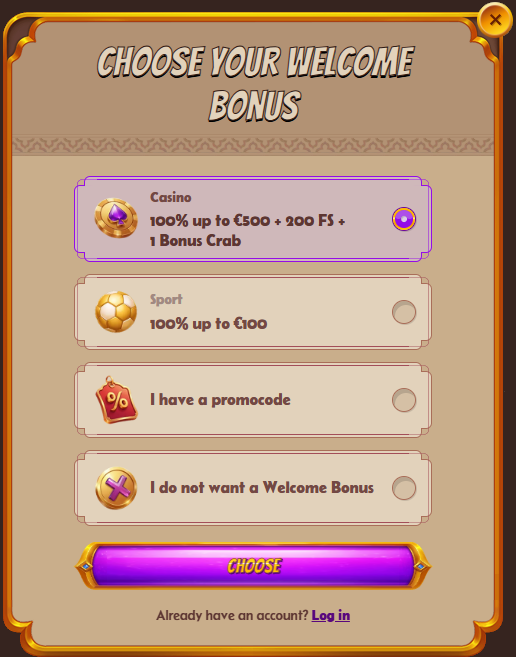 Alawin Casino welkomstbonus kiezen tijdens registratie